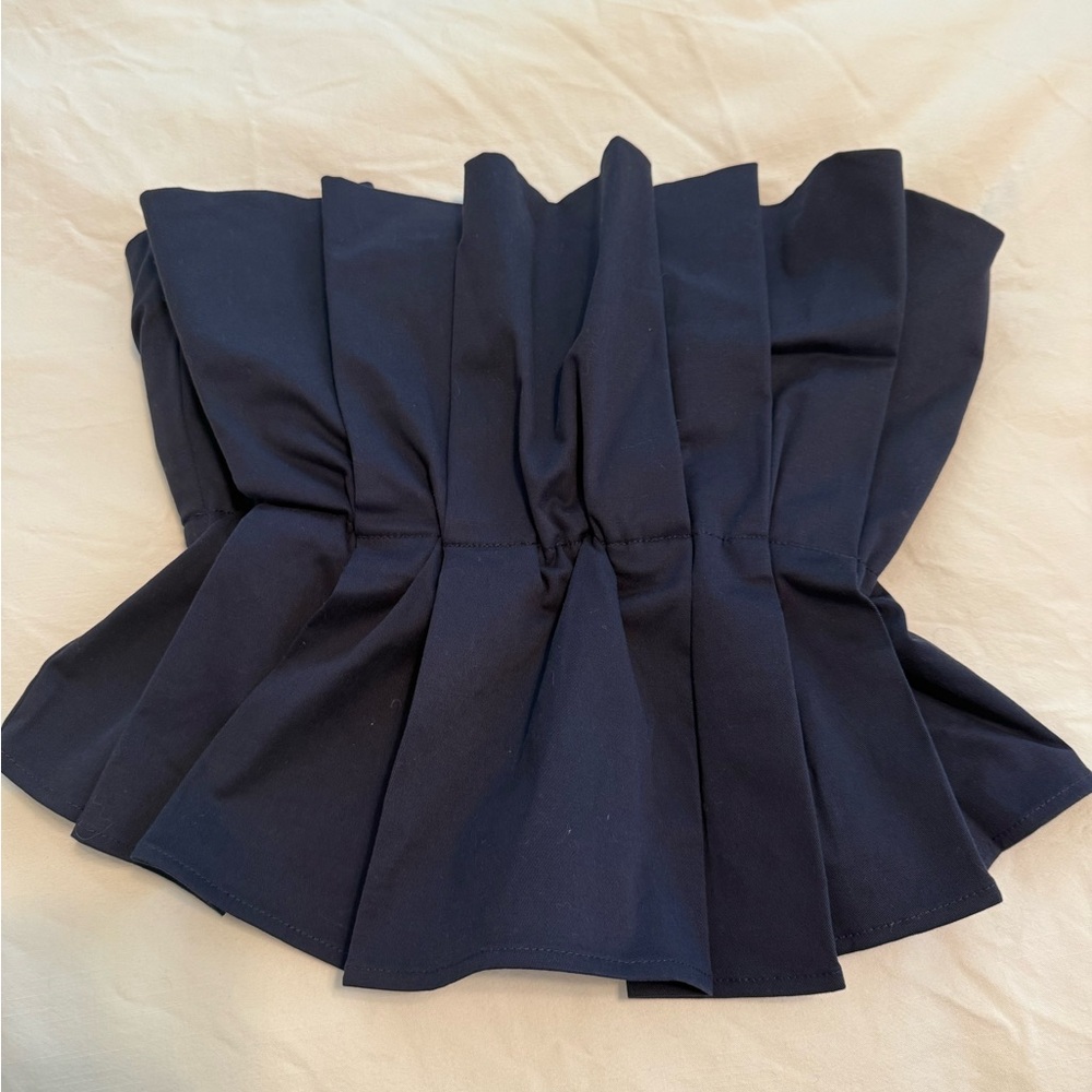 Staud Navy Blue Pleated Strapless Top